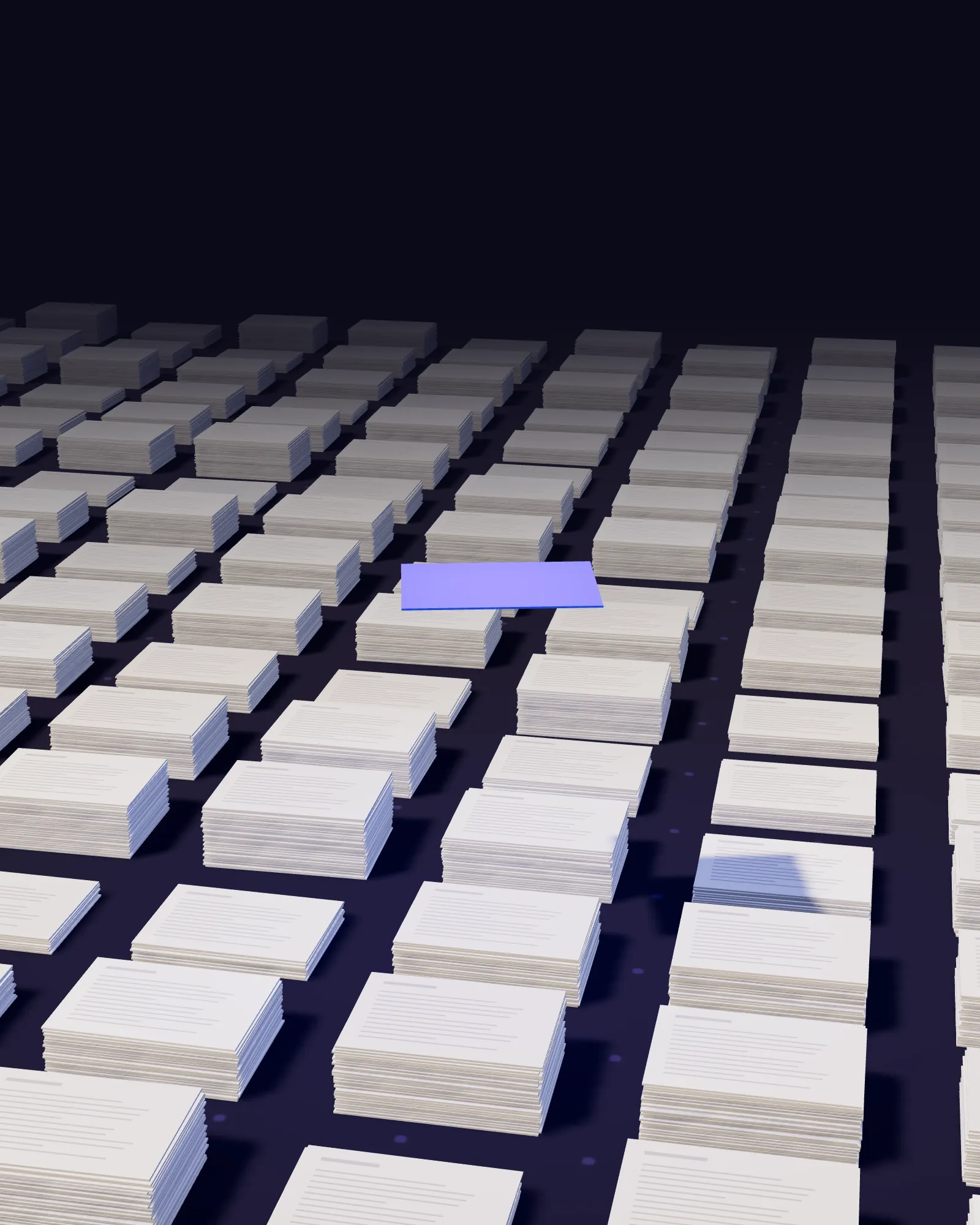 A blue sheet lifted above an archive of filed paper