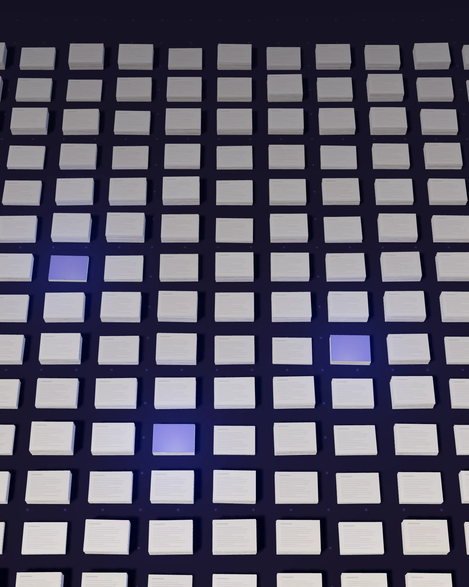 An archive of paper stacks seen from above, three marked in blue as the first jobs to automate