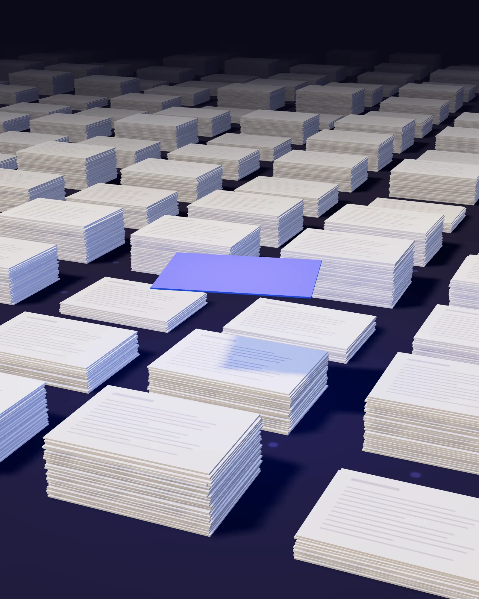 A single blue sheet resting on a stack of filed paper