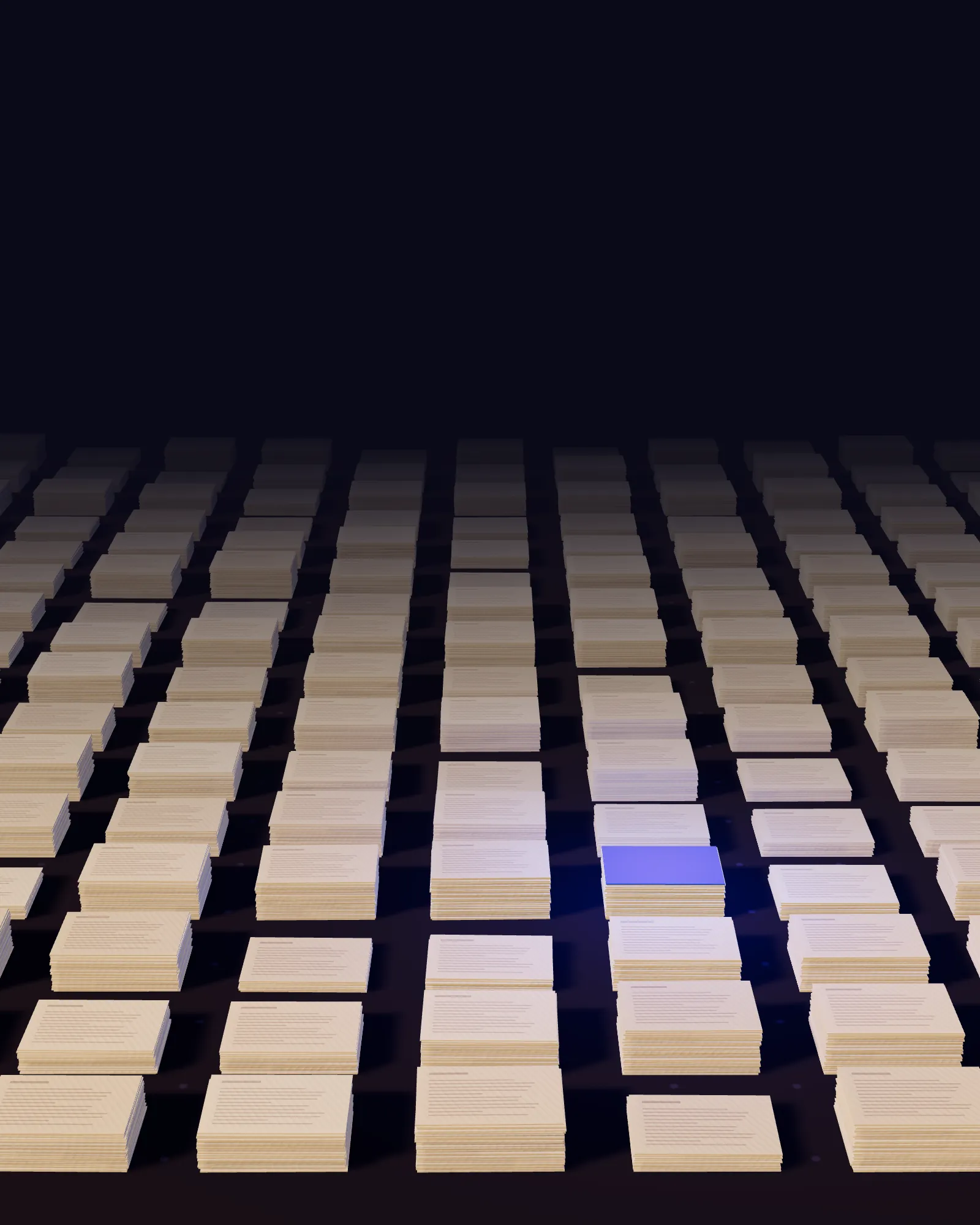 Filed paper stacks in warm evening light, one marked in blue