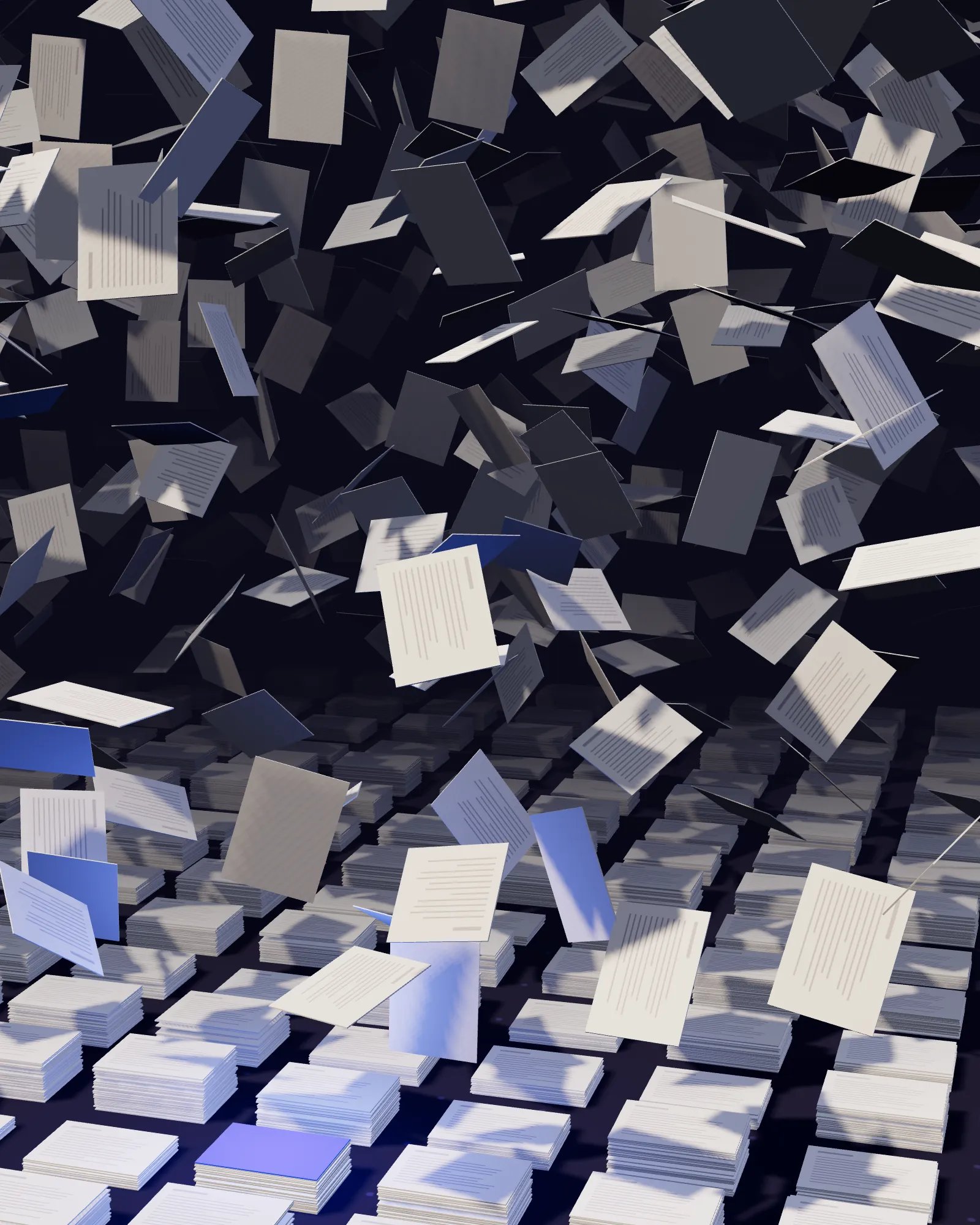 Loose sheets of paper settling into ordered stacks