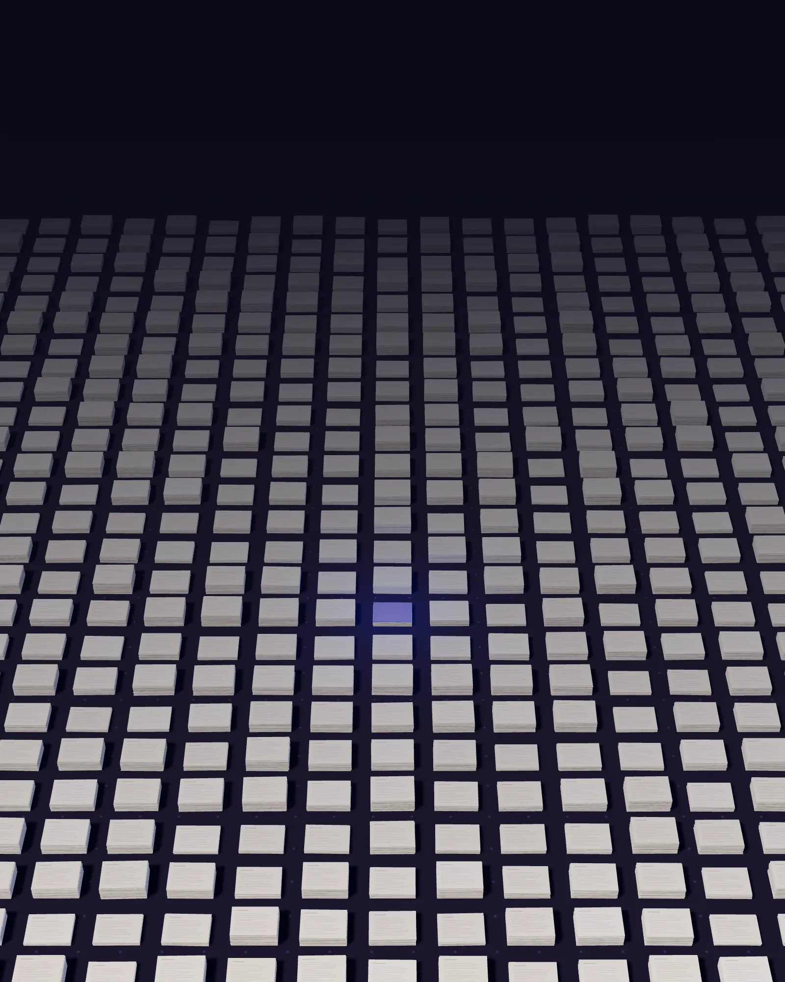 A wide archive of paper stacks seen from above, one marked in blue