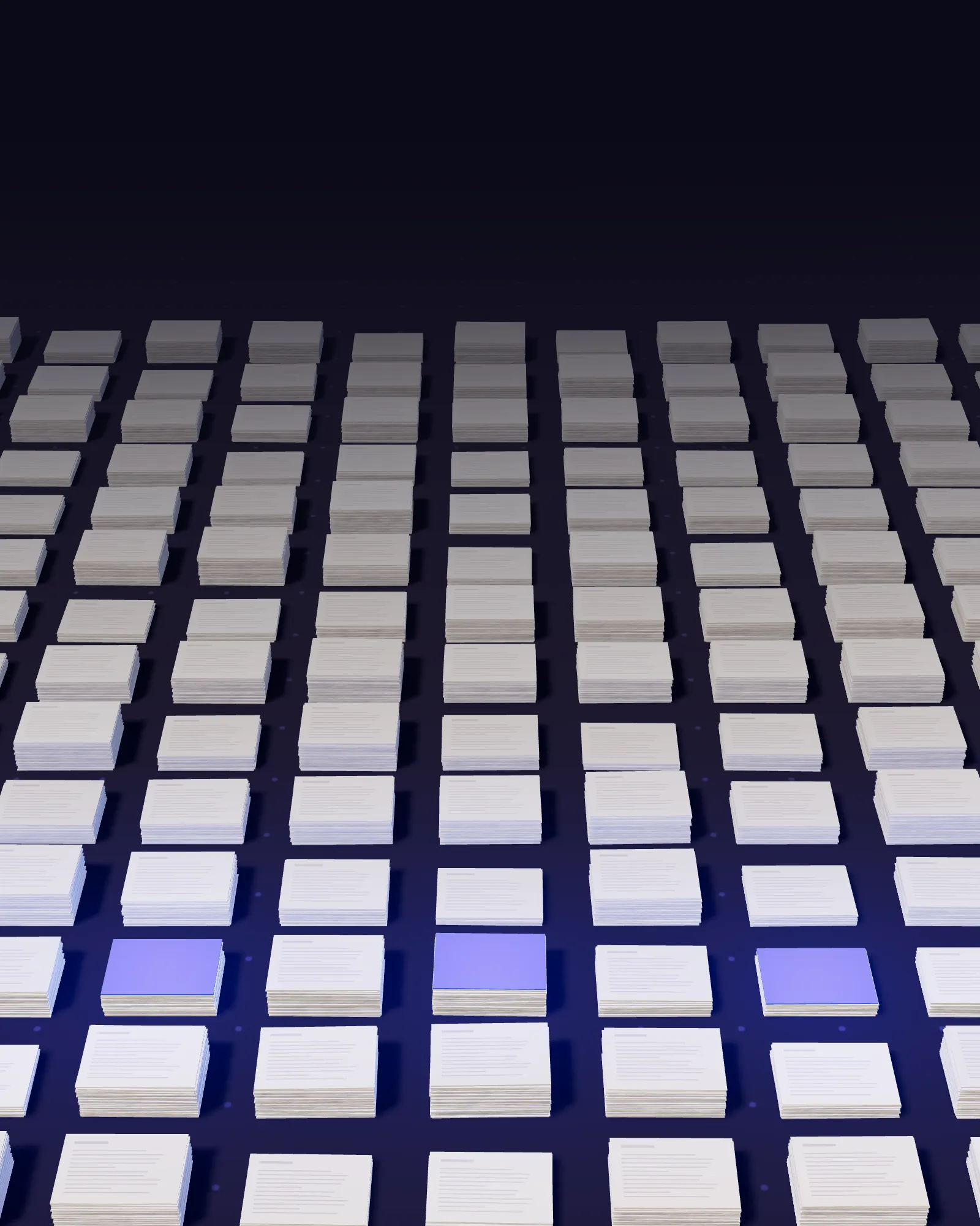 A chain of blue sheets across rows of filed paper
