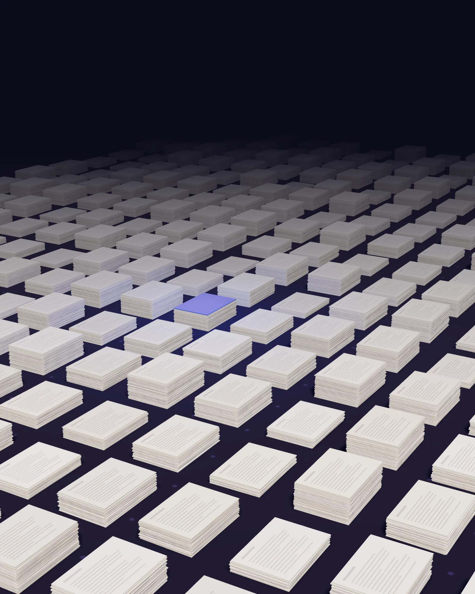 A long row of filed paper stacks, one marked in blue