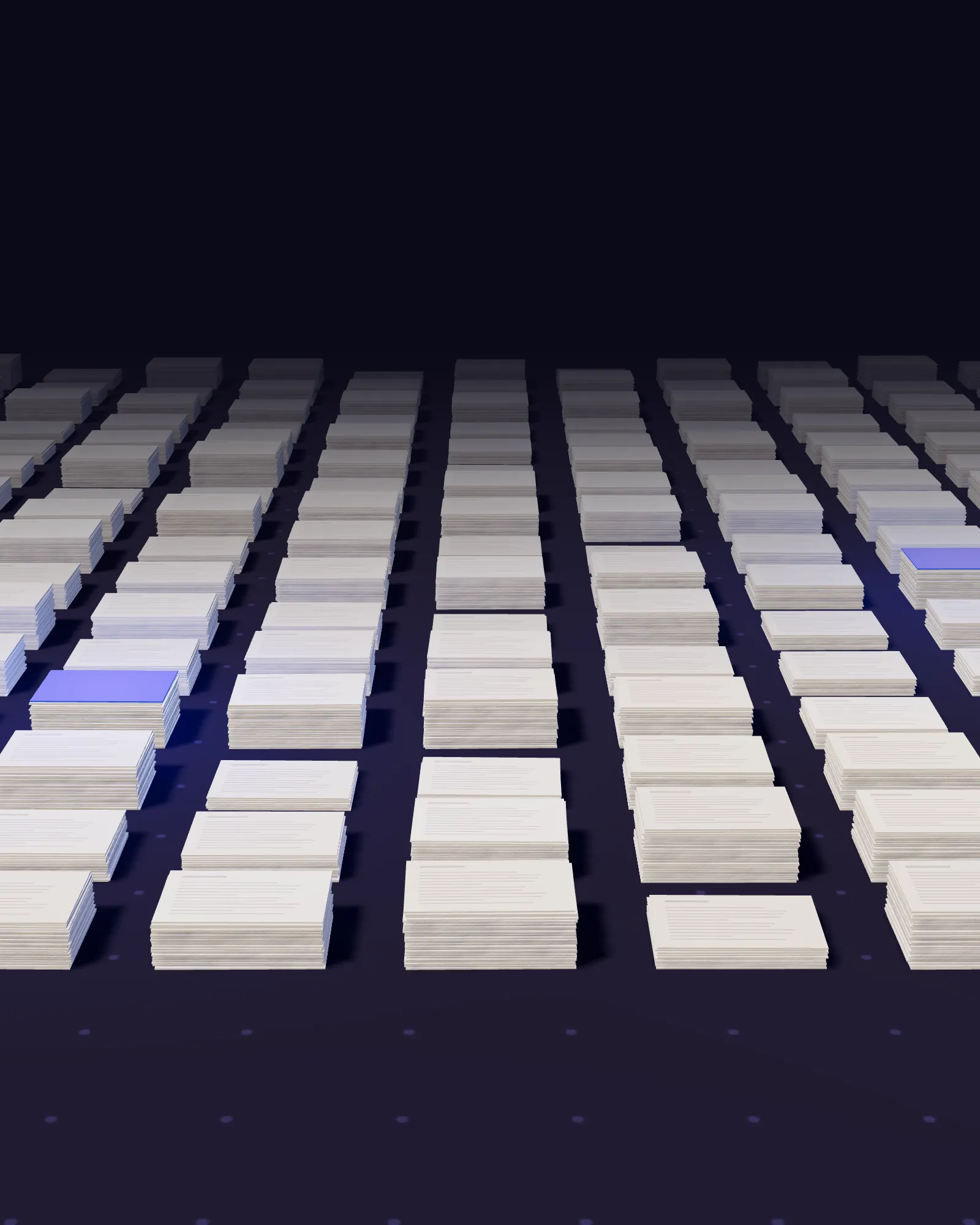 Rows of filed paper stacks receding into the dark, two marked in blue