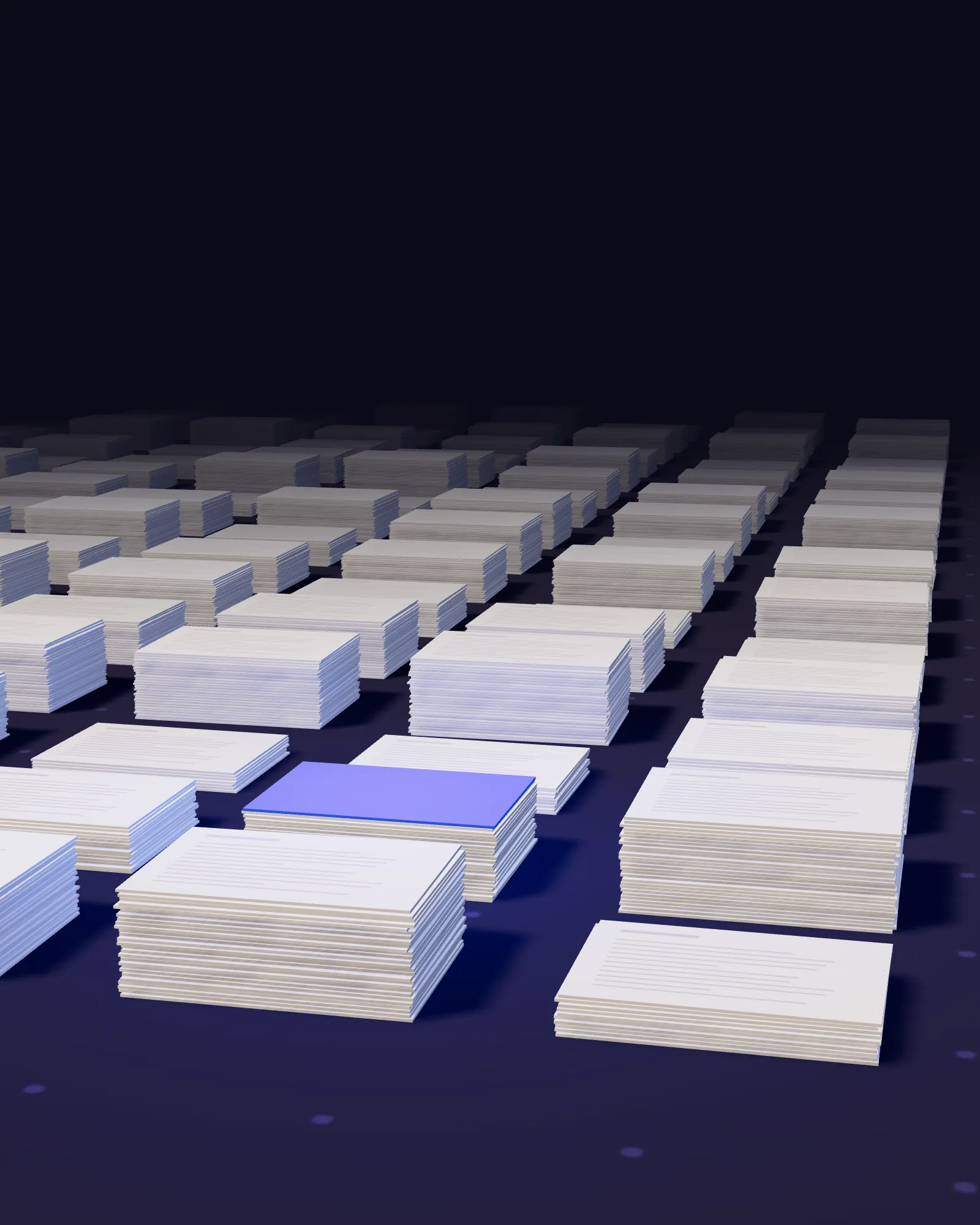 Close view of filed paper stacks, one topped with a blue sheet